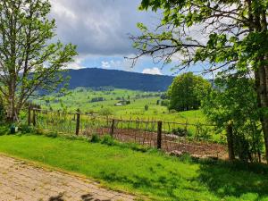 a fence with a view of a green field at Gîte du Grand Cher in Les Rousses