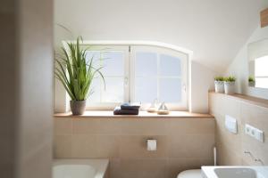 a bathroom with a window and a toilet and a sink at Ferien-im-Duenenhaus-Ole in Glowe
