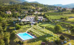 z góry widok na posiadłość z basenem i winnicą w obiekcie Hotel Villa Cariola w mieście Caprino Veronese