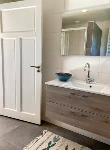 a bathroom with a sink and a mirror at B&B Hof ter Lemferdinge in Paterswolde