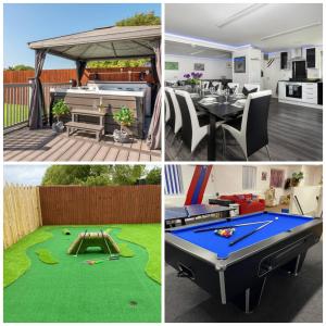 a collage of pictures of a backyard with a pool table at Four Oaks House in Carlisle