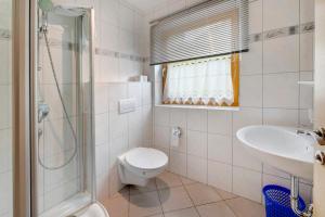 a bathroom with a toilet and a sink and a shower at Haus Lowe Appartement 1 Stock Nr 2 in Filzmoos +25 photos