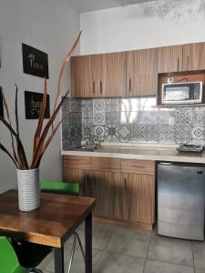 グアダラハラにあるAcogedor estudio Cerca de Chapultepec y Consuladoのキッチン(木製キャビネット、テーブル、電子レンジ付)