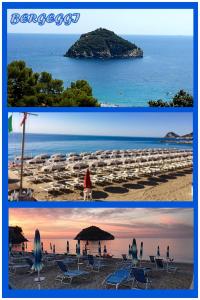 two pictures of a beach with chairs and an island at La Casa di Anna a due passi dal mare... e non solo in Vado Ligure