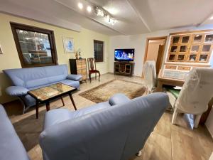 sala de estar con sofás azules y TV en Ferienwohnung im Schwarzwaldhaus, en Ebersbach