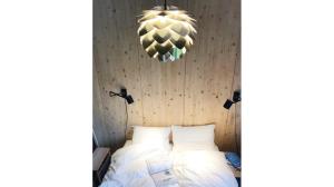 a bedroom with a bed and a chandelier at Rudle in Świerkocin