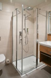 a shower with a glass door in a bathroom at Hotel Restaurant Klosterhof in Gutenzell-Hürbel