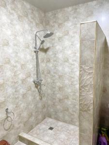 a shower with a glass door in a bathroom at Chinara Guest House Airport in Tashkent
