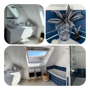 a collage of three pictures of a bathroom at L'escale 551, gîte Santec à 250m de la plage in Santec