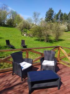 2 sillas y una mesa en una terraza en Forest Cottage Brdy, en Věšín
