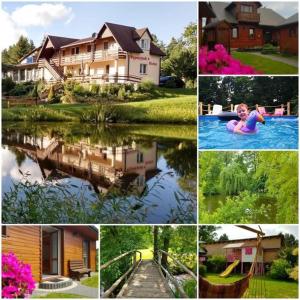 a collage of pictures of a house and a pool at Wypoczynek u Piotra in Susiec