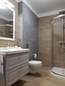 a bathroom with a toilet and a sink and a shower at Apartament Triventi 88 z Widokiem na Śnieżkę - 5D Apartamenty in Karpacz