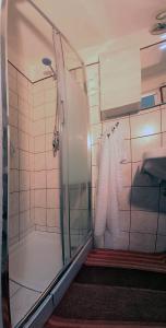 una ducha con puerta de cristal en un baño en Casa Monica, en Iglesias
