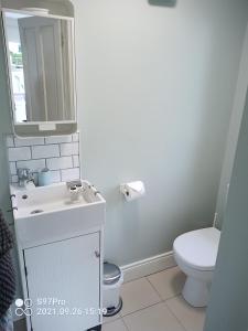 a white bathroom with a toilet and a sink at Pier Road Cottage, Croagh Patrick in Westport