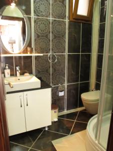 a bathroom with a sink and a toilet and a mirror at Sunset Beach Apartments in Turgutreis