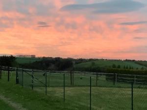 a fence in a field with a sunset at Fewo Eifeler Edelsteine „Aquamarin“ in Schleiden +5 photos