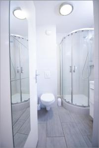 a white bathroom with a toilet and a shower at Joli studio tout confort à 2 pas de la gare Poissy in Poissy
