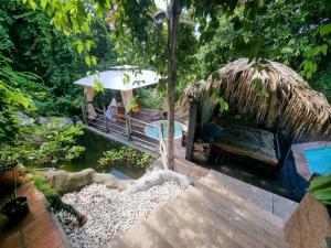 einen Garten mit einer Hütte und einem Pool in der Unterkunft Racoon Lodge in Pointe-à-Pitre