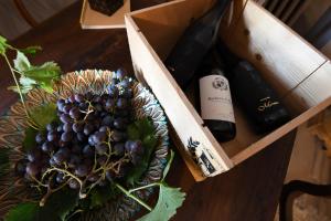 a box with a bunch of grapes and a bottle of wine at Loft incantevole Casa Sugnat in Novello