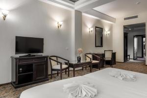 Habitación de hotel con 2 camas y TV de pantalla plana. en Rediu Hotel & Restaurant en Botoşani