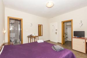a bedroom with a purple bed and a tv at Rooms Zdravko in Stara Novalja