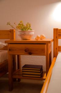 ein Tisch mit einer Pflanze neben einem Bett in der Unterkunft Helen's Budget Accommodation in Aliki