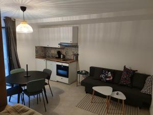 ein Wohnzimmer mit einem Sofa und einem Tisch sowie eine Küche in der Unterkunft Studio de charme, au calme dans le vieux Chaumont in Chaumont
