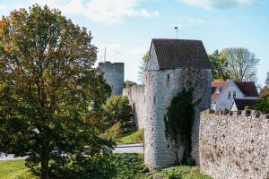 un château avec deux tours au loin dans l'établissement Österport - Visby Lägenhetshotell, à Visby