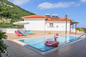 a swimming pool with a red raft in a house at VILLA MITZELOS in Skiathos