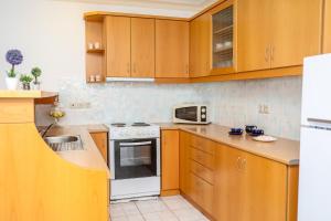 a kitchen with wooden cabinets and a white stove top oven at VILLA MITZELOS in Skiathos