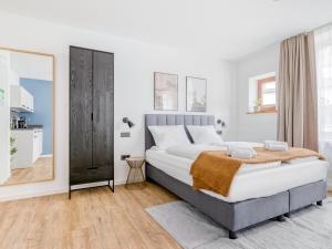 a bedroom with a large bed and a mirror at Limehome Augsburg Annastraße in Augsburg +26 photos