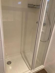 a shower with a glass door in a bathroom at Schwimmende Ferienwohnung, Hausboot Urlaub als Festlieger am Steg in Zehdenick