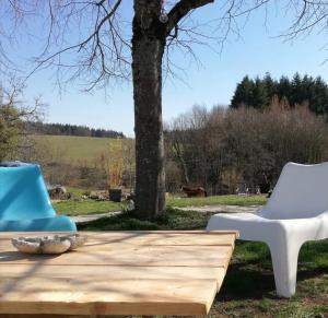 una mesa de madera con 2 sillas y un árbol en Gîte Au petit bonheur, en Châteldon
