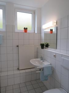 a white bathroom with a sink and a window at Residenzpark Willingen Typ C in Willingen