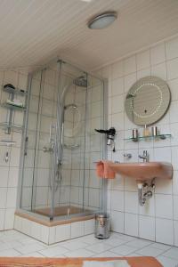 a bathroom with a glass shower and a sink at Ferienwohnungen Meyer in Beilngries