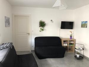 a living room with a black couch and a tv at Gerardmer : Residence "l'eau vive" in Gérardmer