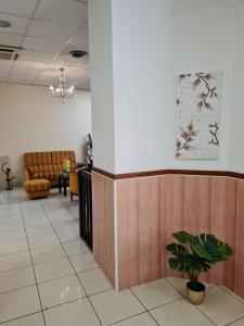 une salle d'attente avec un canapé et une plante en pot dans l'établissement Hôtel Le Milan, à Lourdes