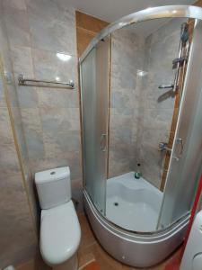 y baño con ducha, aseo y bañera. en Renome apartmani, en Banja Koviljača