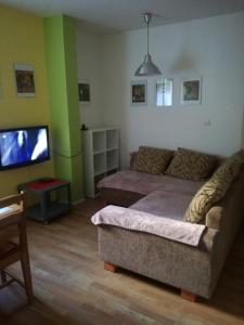 a living room with a couch and a flat screen tv at Apartmán Orbit in Karlov