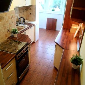een keuken met houten vloeren en een fornuis met oven bij Apartament GOOD POINT - RYBAKI Gdańsk in Gdańsk +9 foto's