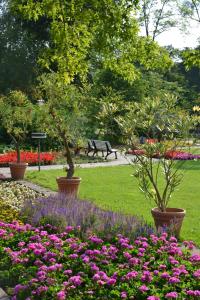 a park with flowers and a bench in the background at Heidehotel Bad Bevensen in Bad Bevensen