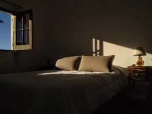 a bedroom with a bed with a pillow and a lamp at Posada Las Vertientes in Copina