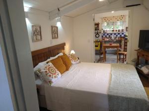 a bedroom with a large bed with pillows on it at Loft do Alto-Araras in Petrópolis