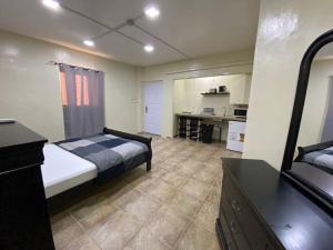 a bedroom with a bed and a kitchen with a sink at Cozy Studio Apartment Minutes from the Beach in Willemstad +9 photos