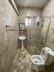 a bathroom with a shower and a toilet and a sink at Cozy Studio Apartment Minutes from the Beach in Willemstad