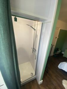a shower in the corner of a room at Tegfan -The Anglesey Townhouse in Caernarfon