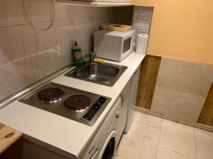 une cuisine avec un évier, une cuisinière et un micro-ondes dans l'établissement Apartamentos y Estudios Torr en Madrid - Chamartín con Wifi Gratis, à Madrid