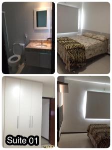 4 fotos de una habitación con cama y baño en vilage em guarajuba bahia, en Salvador