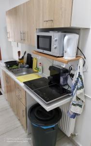 a kitchen with a sink and a microwave at Paris 5 in Bratislava