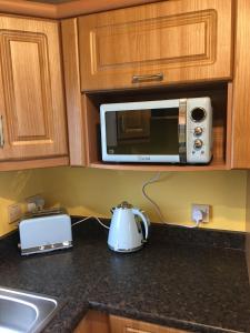 a kitchen counter with a microwave and a tea kettle at Willerby in Leysdown-on-Sea